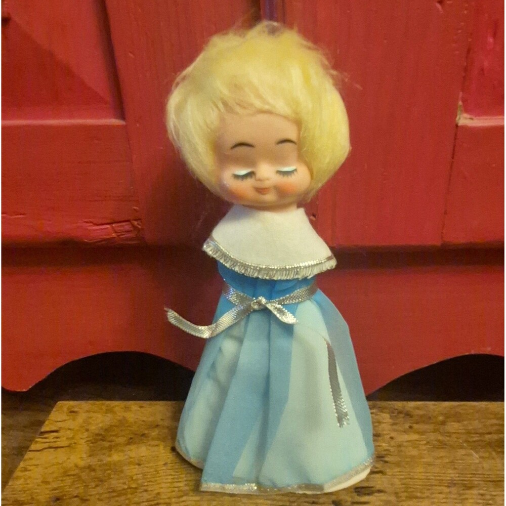 Vtg 1960s Angel Doll Christmas Tree Topper Japan Rubber Face Sleepy Eye Blue 7.5
